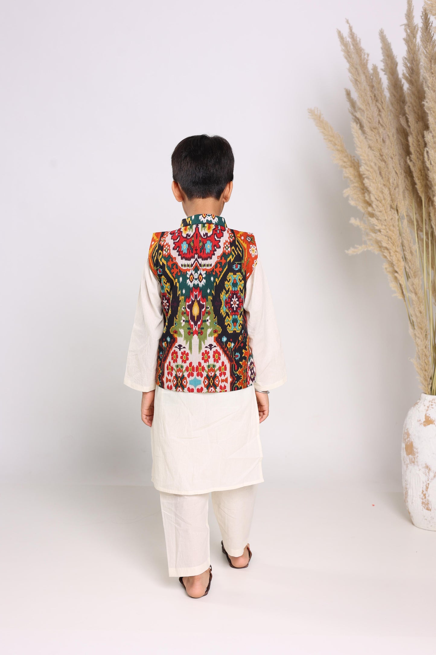 Cream Pure Cotton Long Sleeves Solid Knee Length Kurta Sets For Boys