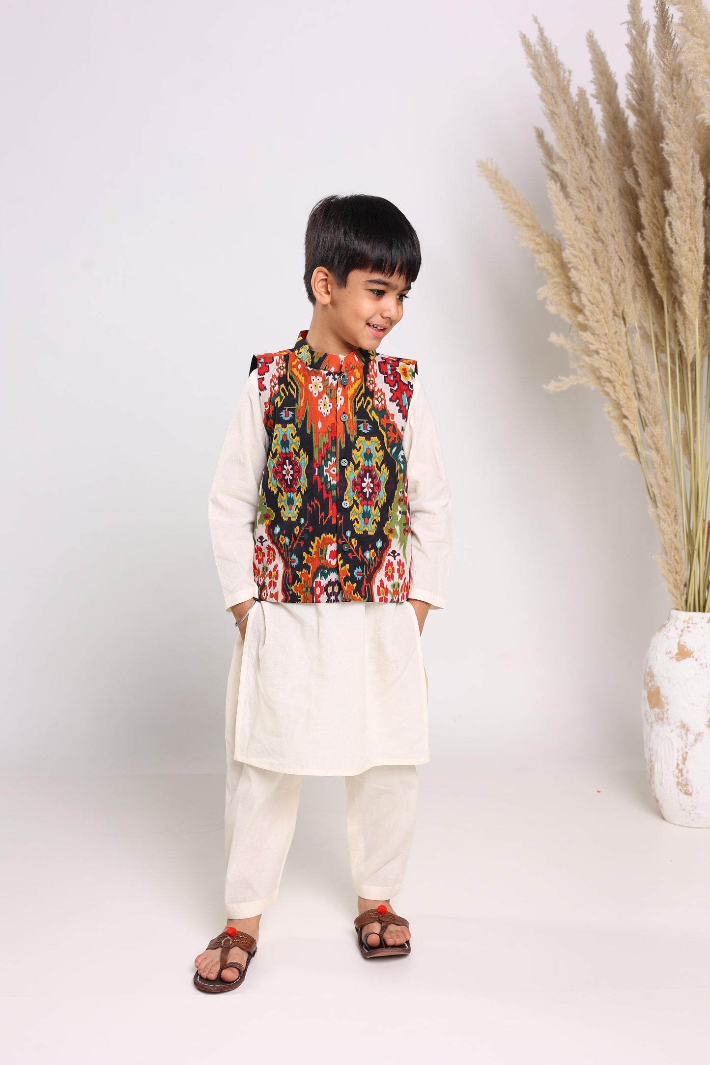 Cream Pure Cotton Long Sleeves Solid Knee Length Kurta Sets For Boys