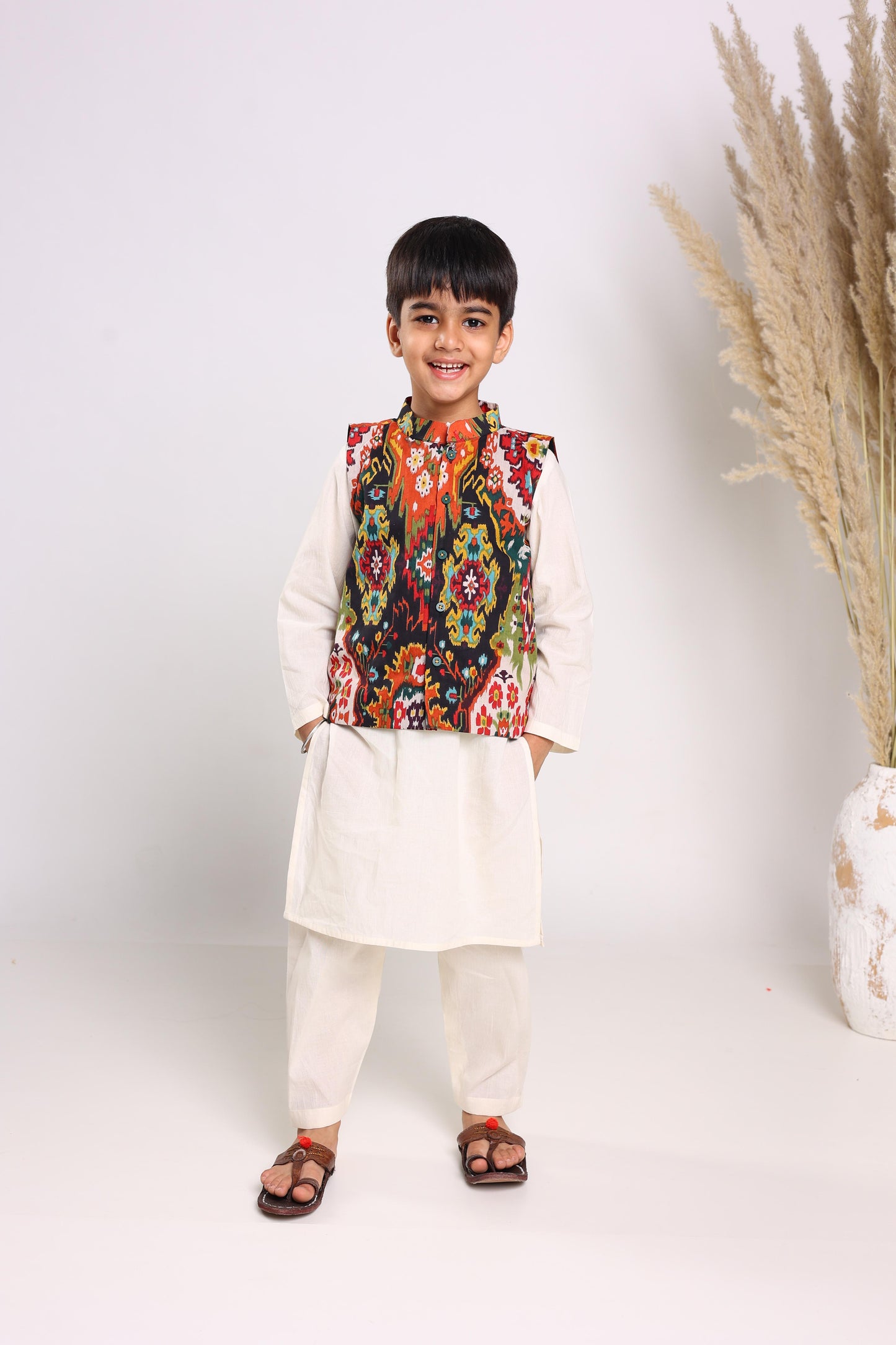 Cream Pure Cotton Long Sleeves Solid Knee Length Kurta Sets For Boys