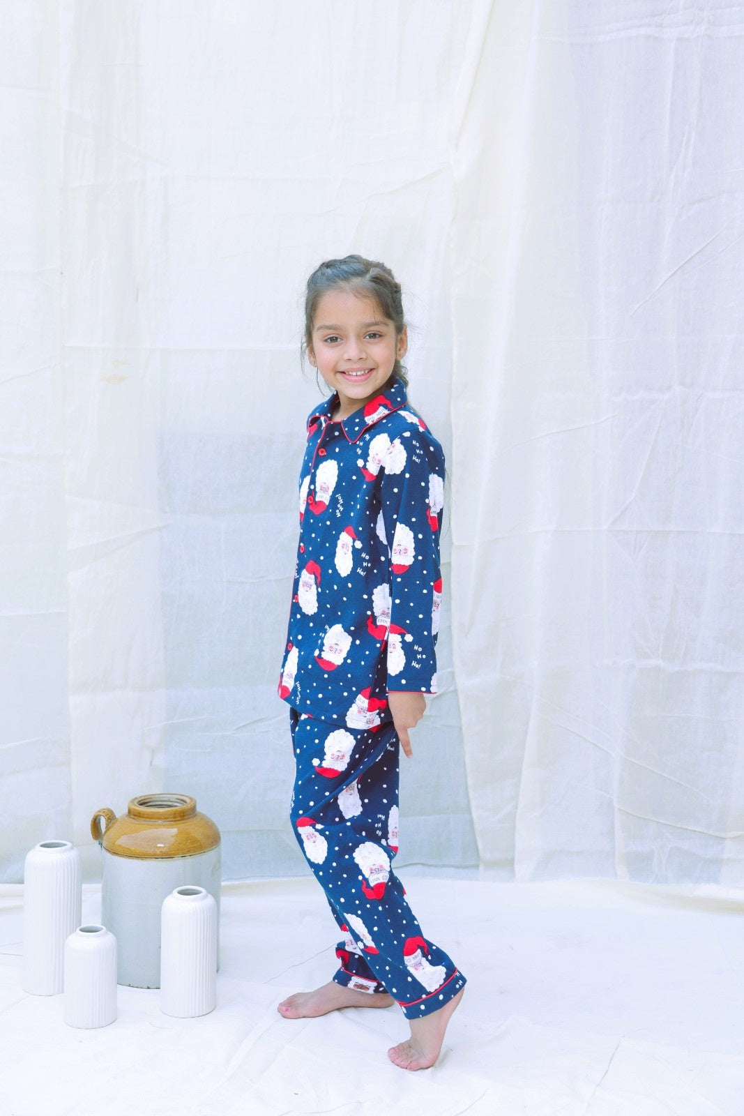 Blue Cotton Blend Collard Long Sleeves Winter Night Suits For Girls