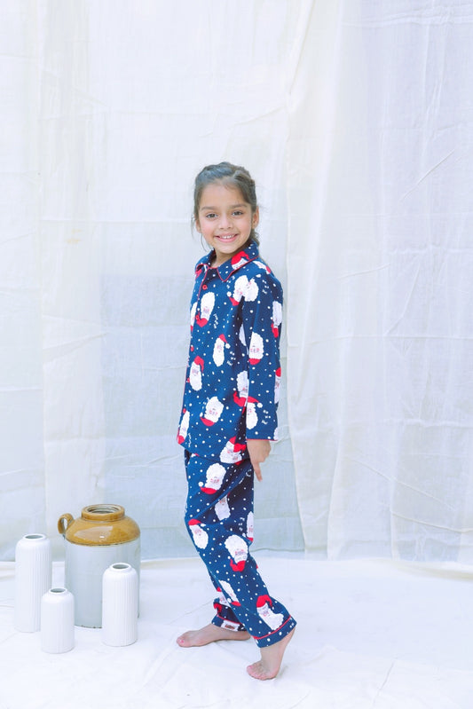 Blue Cotton Blend Collard Long Sleeves Winter Night Suits For Girls