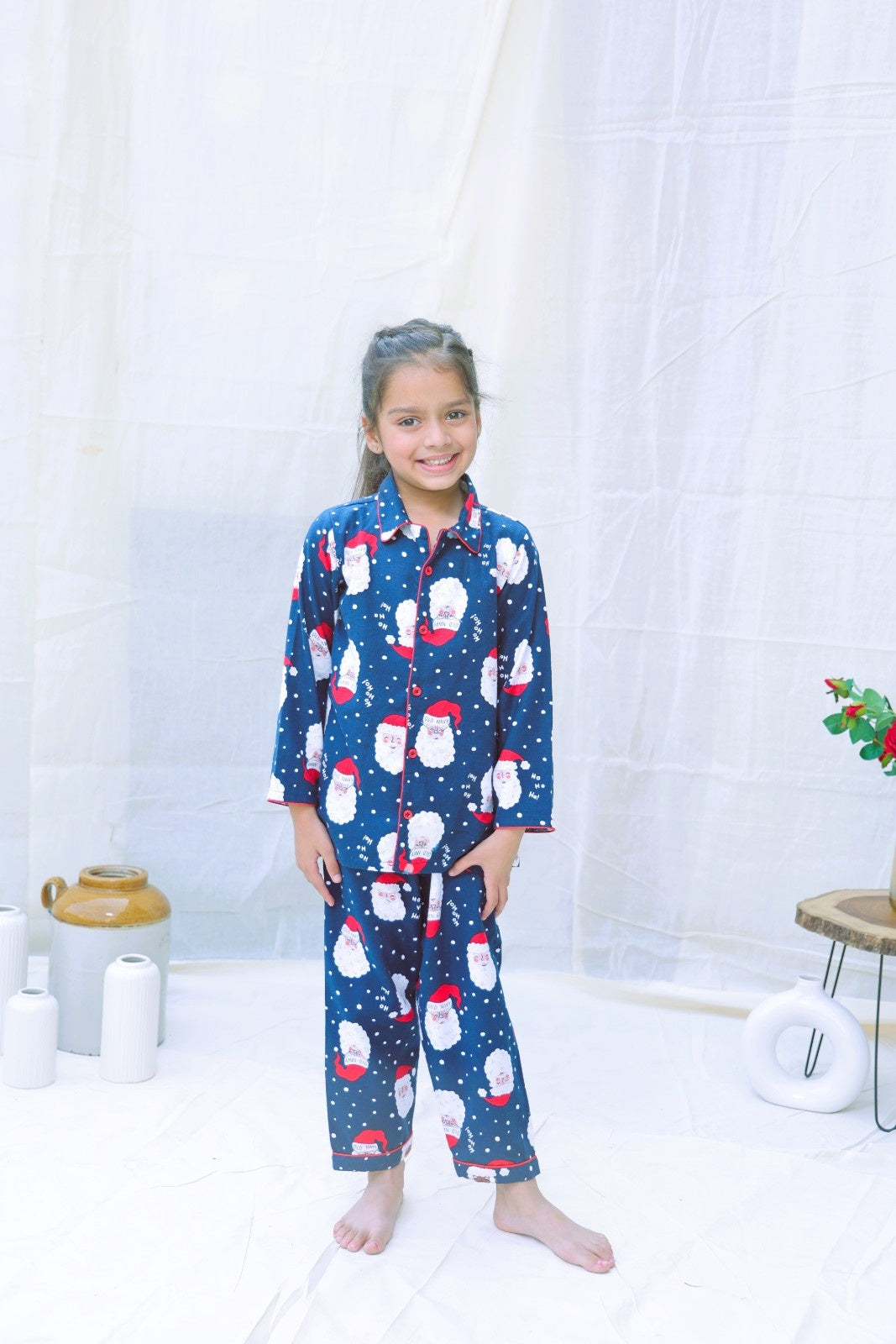 Blue Cotton Blend Collard Long Sleeves Winter Night Suits For Girls
