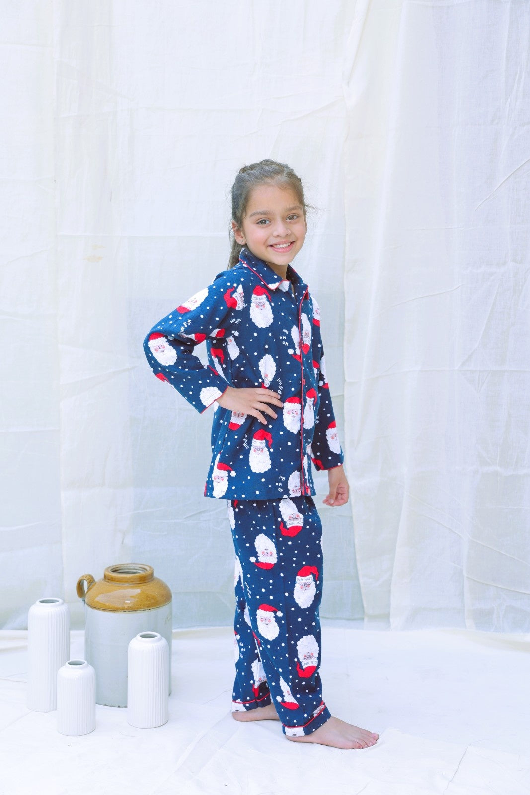 Blue Cotton Blend Collard Long Sleeves Winter Night Suits For Girls