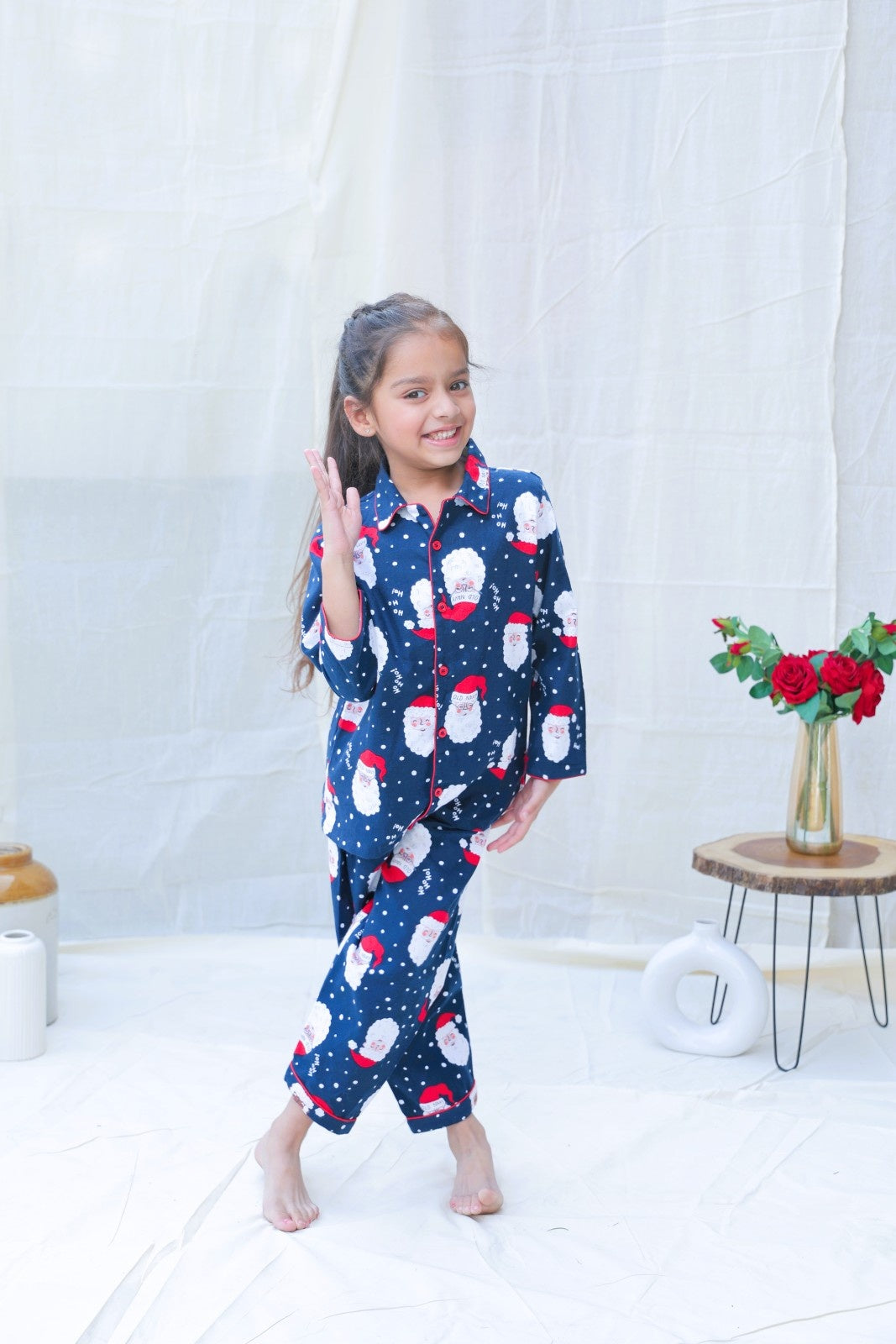 Blue Cotton Blend Collard Long Sleeves Winter Night Suits For Girls