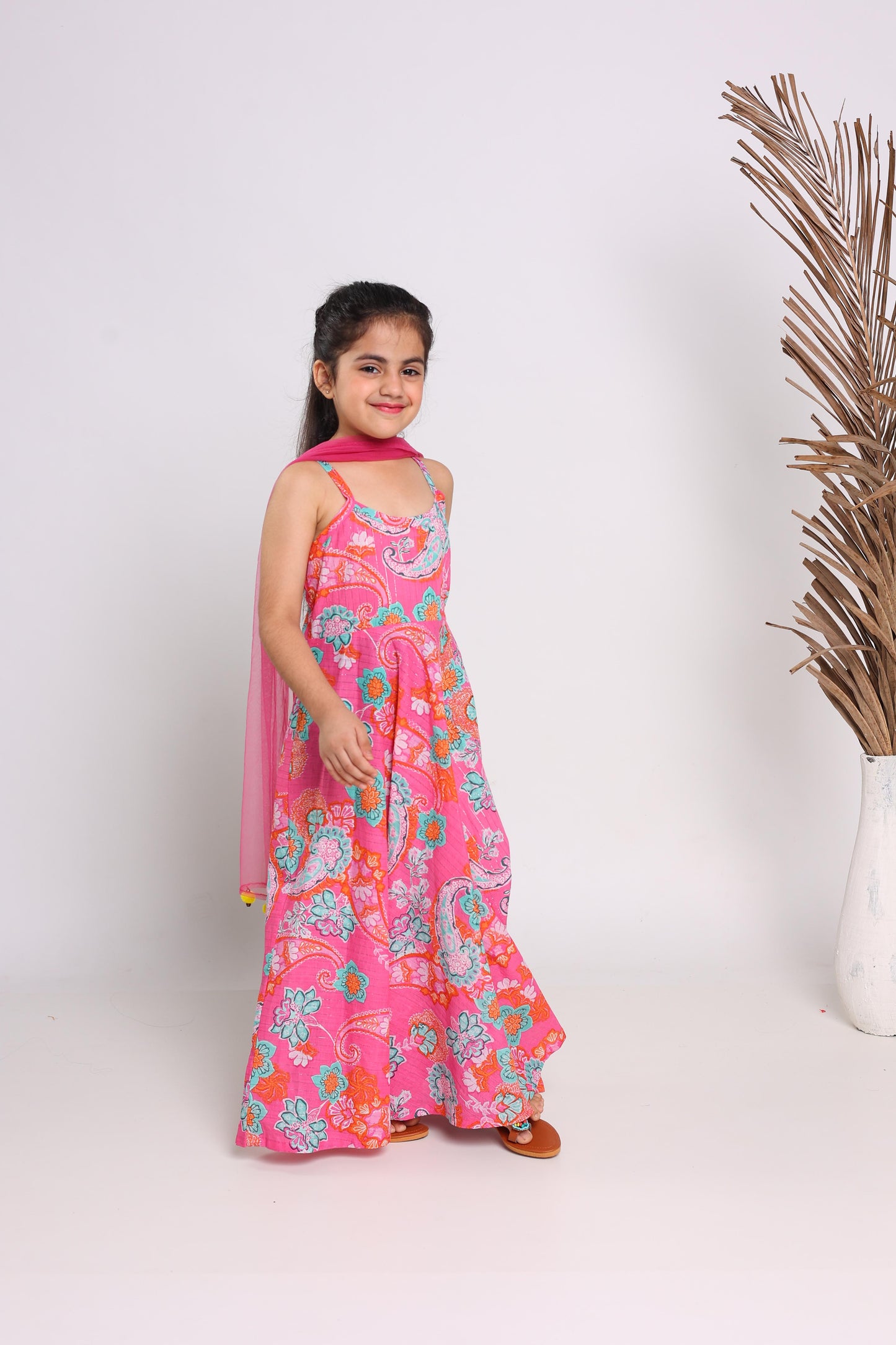 Pink Cotton Fit And Flare Maxi Dress For Girls