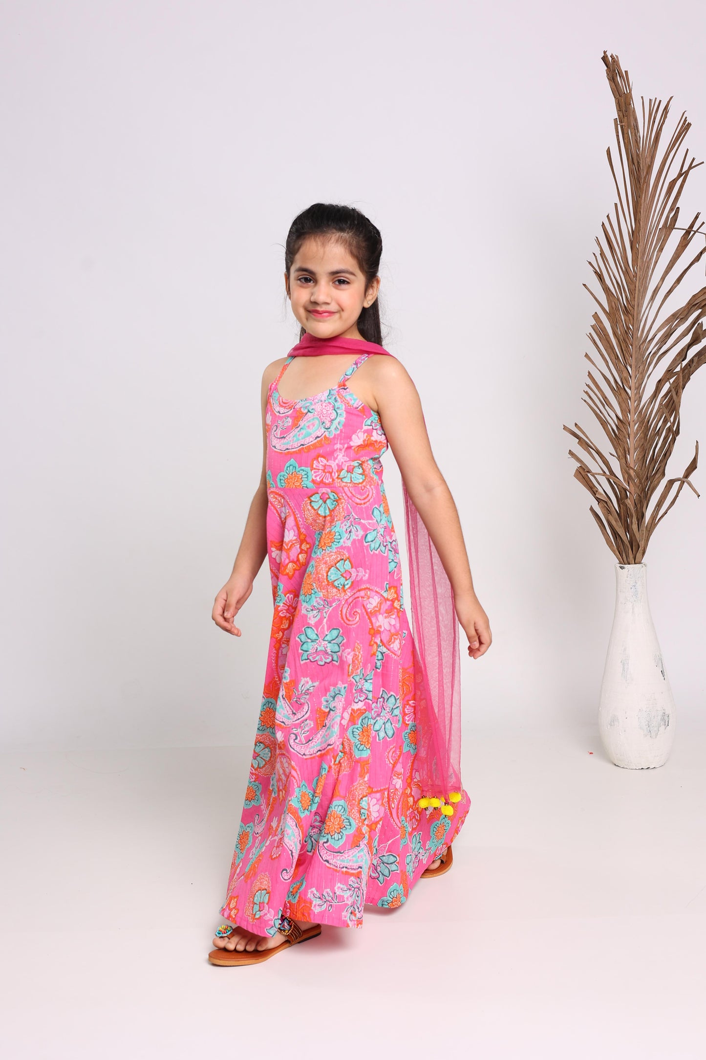 Pink Cotton Fit And Flare Maxi Dress For Girls