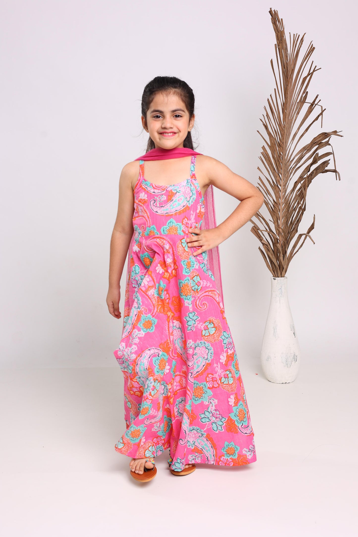 Pink Cotton Fit And Flare Maxi Dress For Girls
