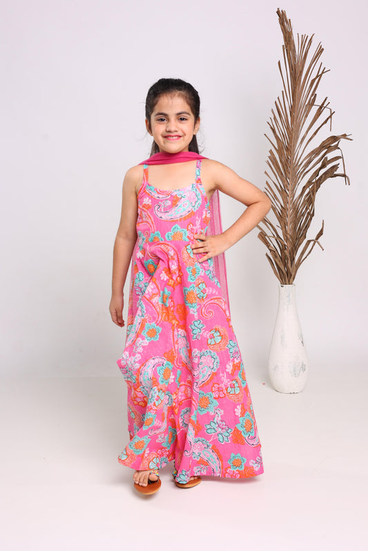 Pink Cotton Fit And Flare Maxi Dress For Girls