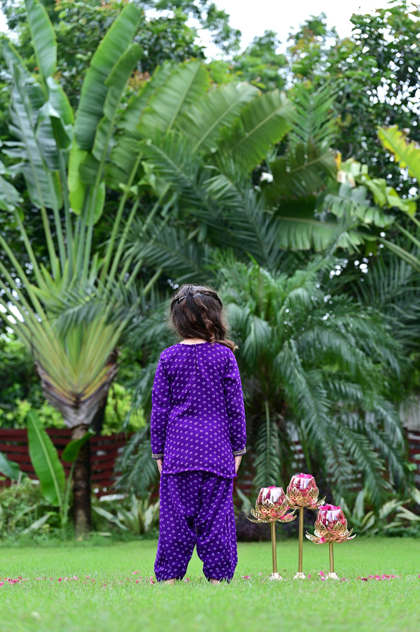 Purple Bandhani Print Georgette Salwar Kurta Set For Girls