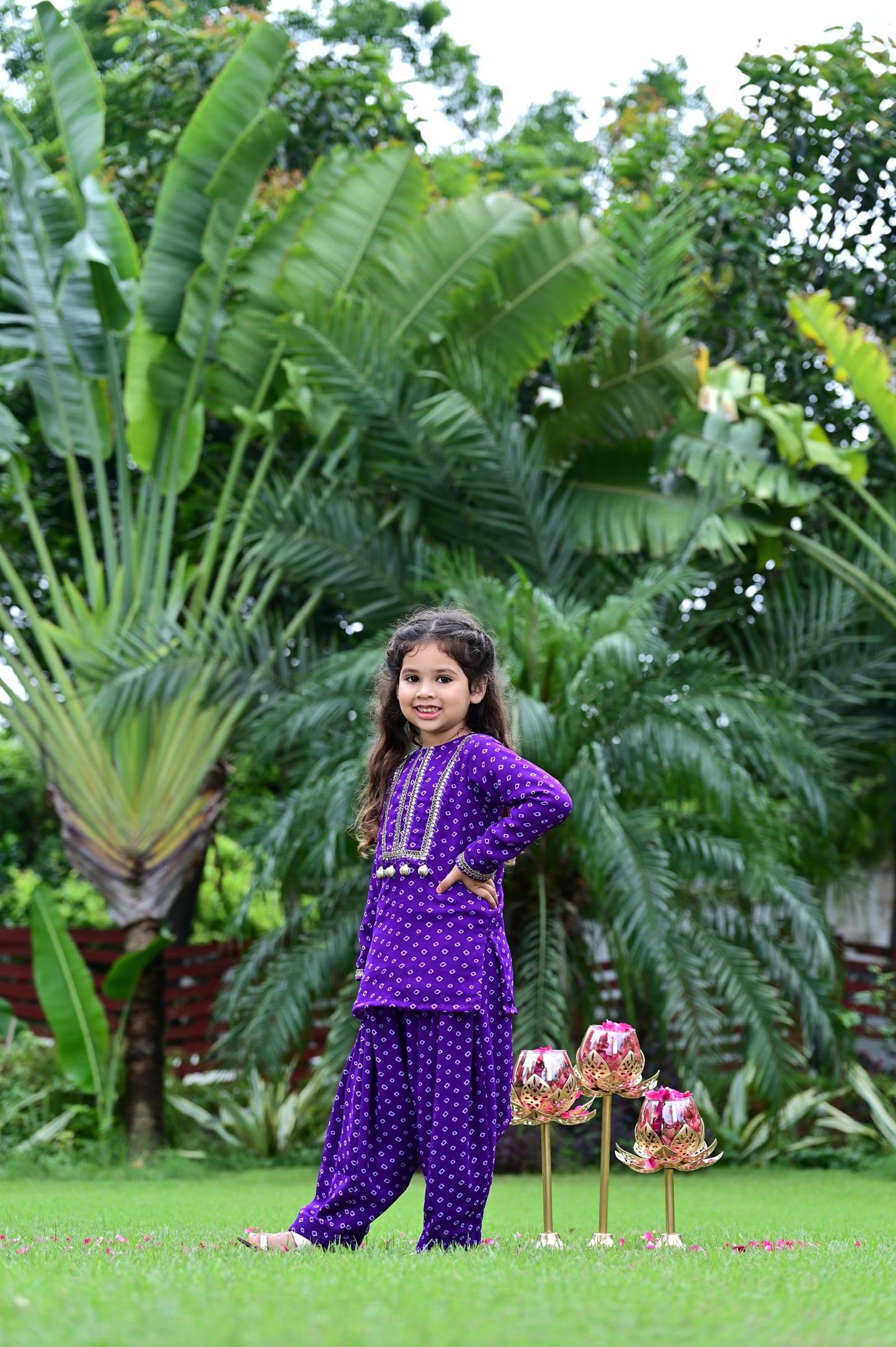 Purple Bandhani Print Georgette Salwar Kurta Set For Girls