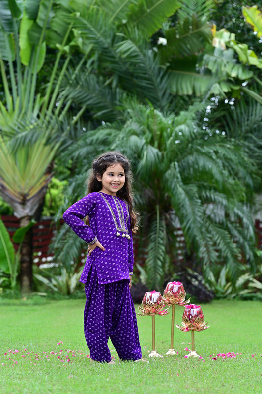 Purple Bandhani Print Georgette Salwar Kurta Set For Girls