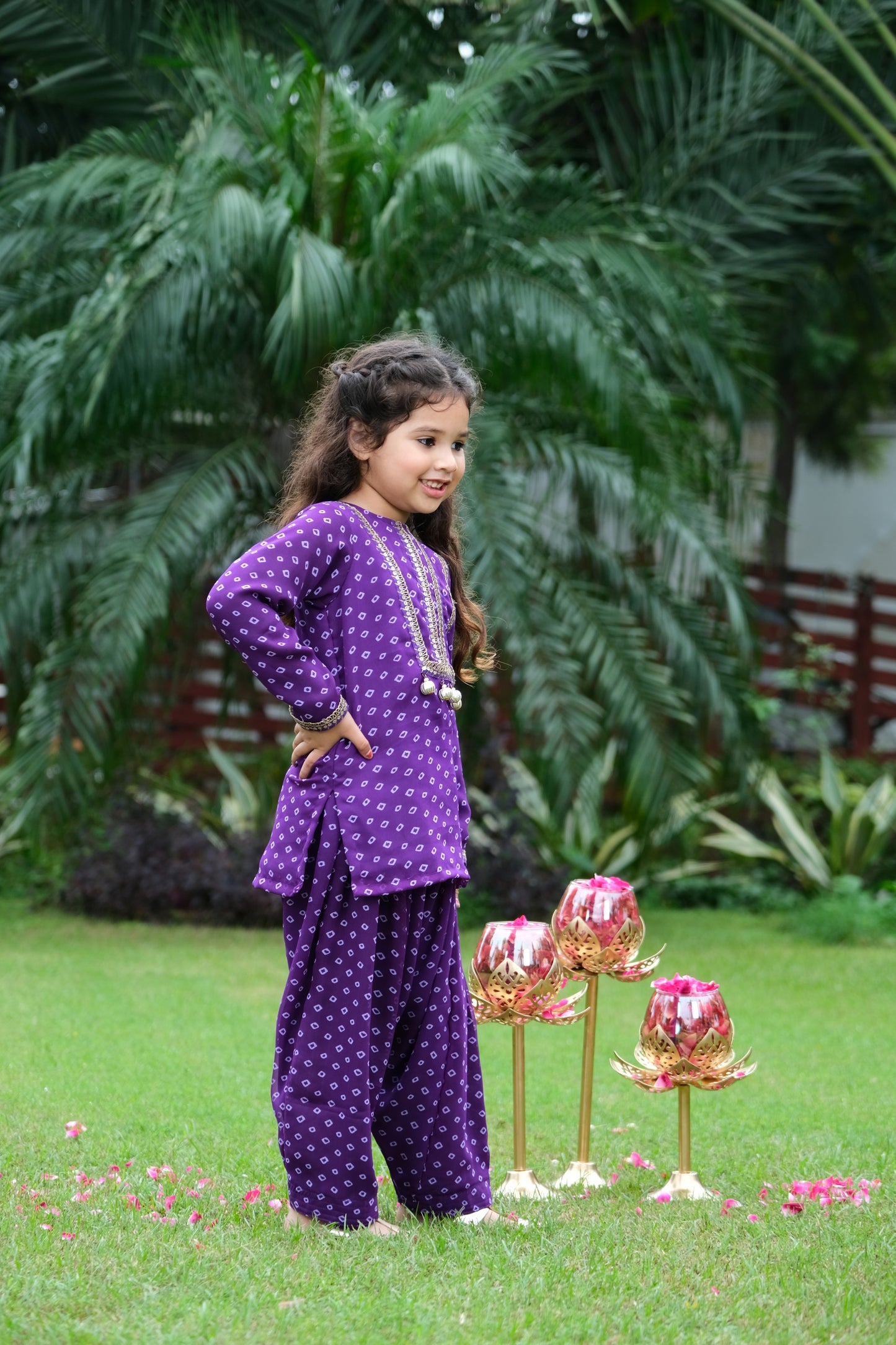 Purple Bandhani Print Georgette Salwar Kurta Set For Girls