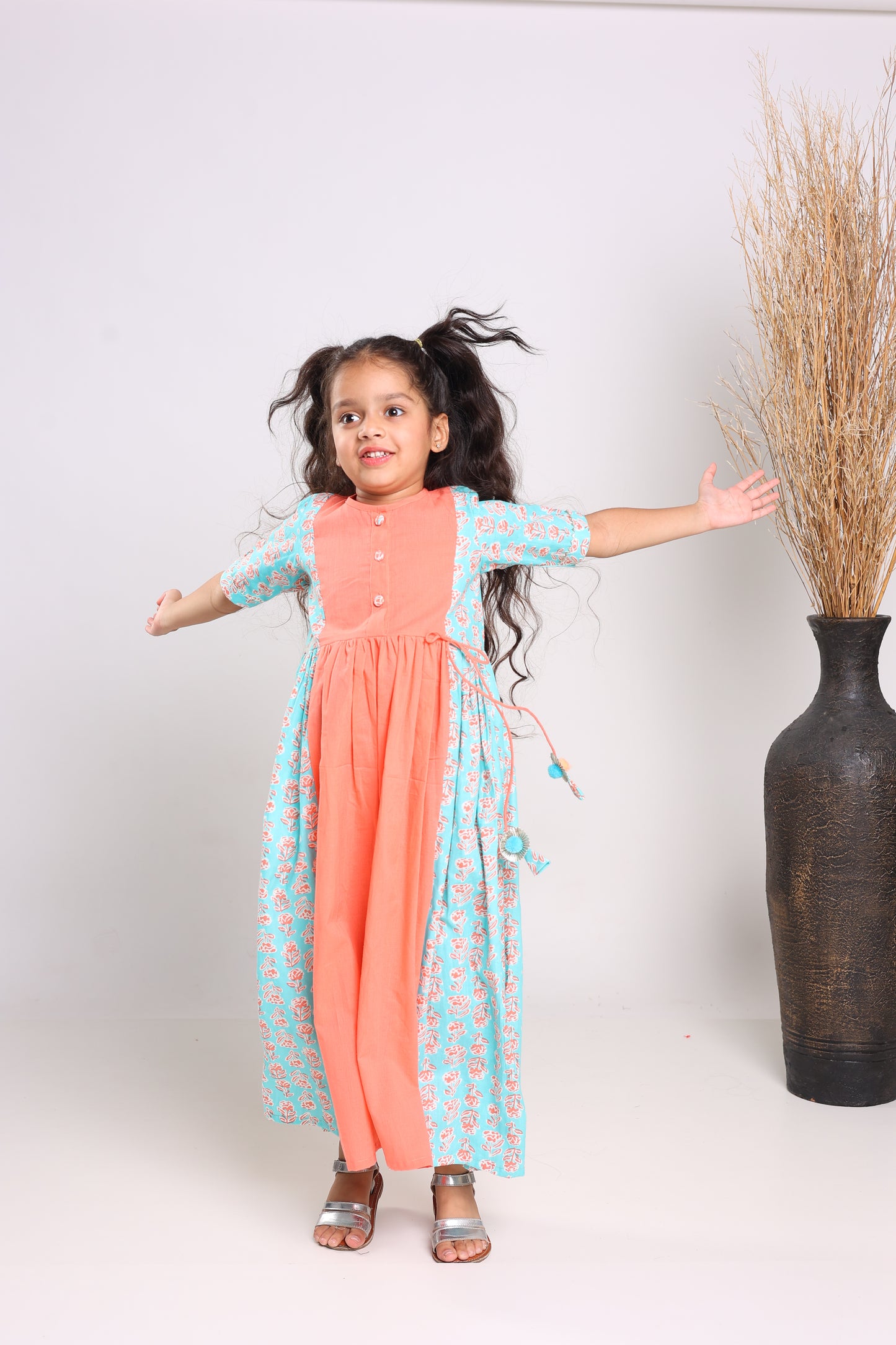 Peach Cotton Fit And Flare Maxi Dress For Girls