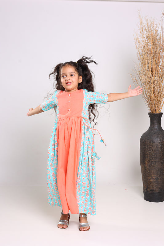 Peach Cotton Fit And Flare Maxi Dress For Girls