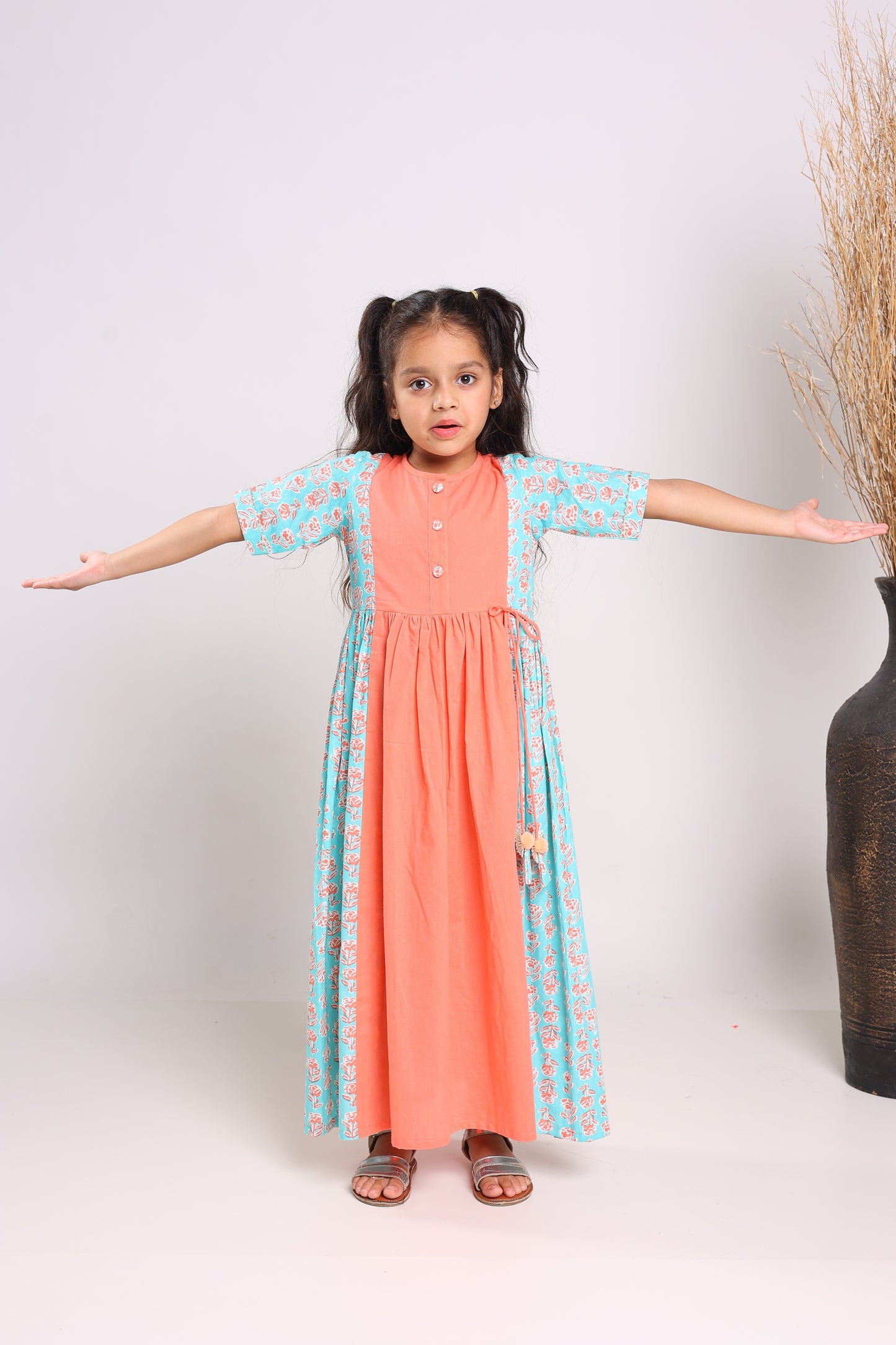 Peach Cotton Fit And Flare Maxi Dress For Girls