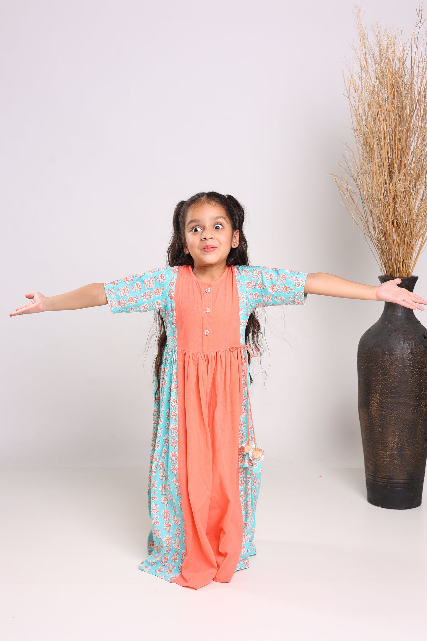 Peach Cotton Fit And Flare Maxi Dress For Girls