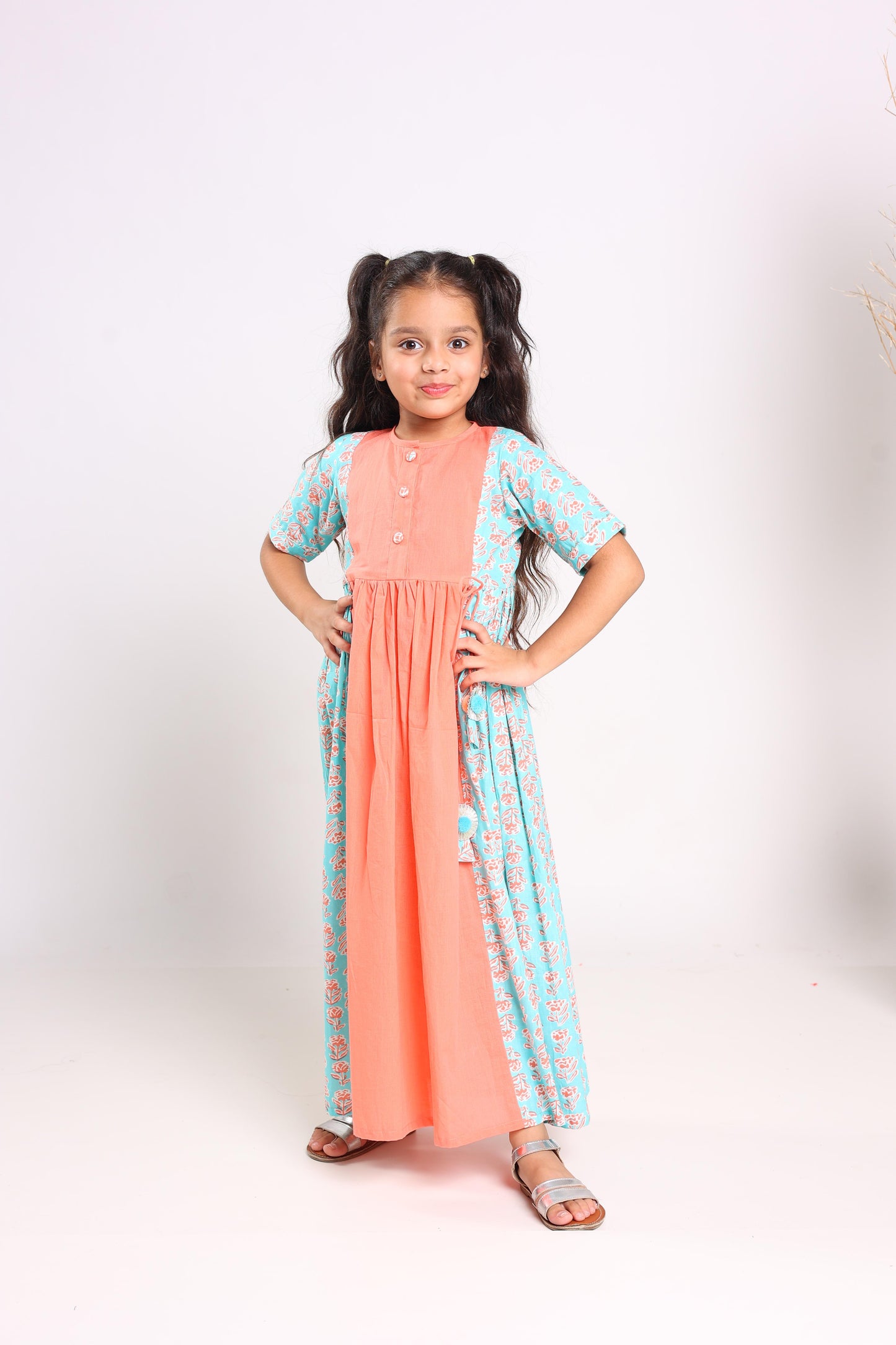 Peach Cotton Fit And Flare Maxi Dress For Girls