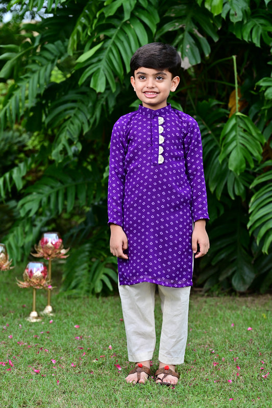 Boys purple color bandhani print embellished kurta along with cotton pajama