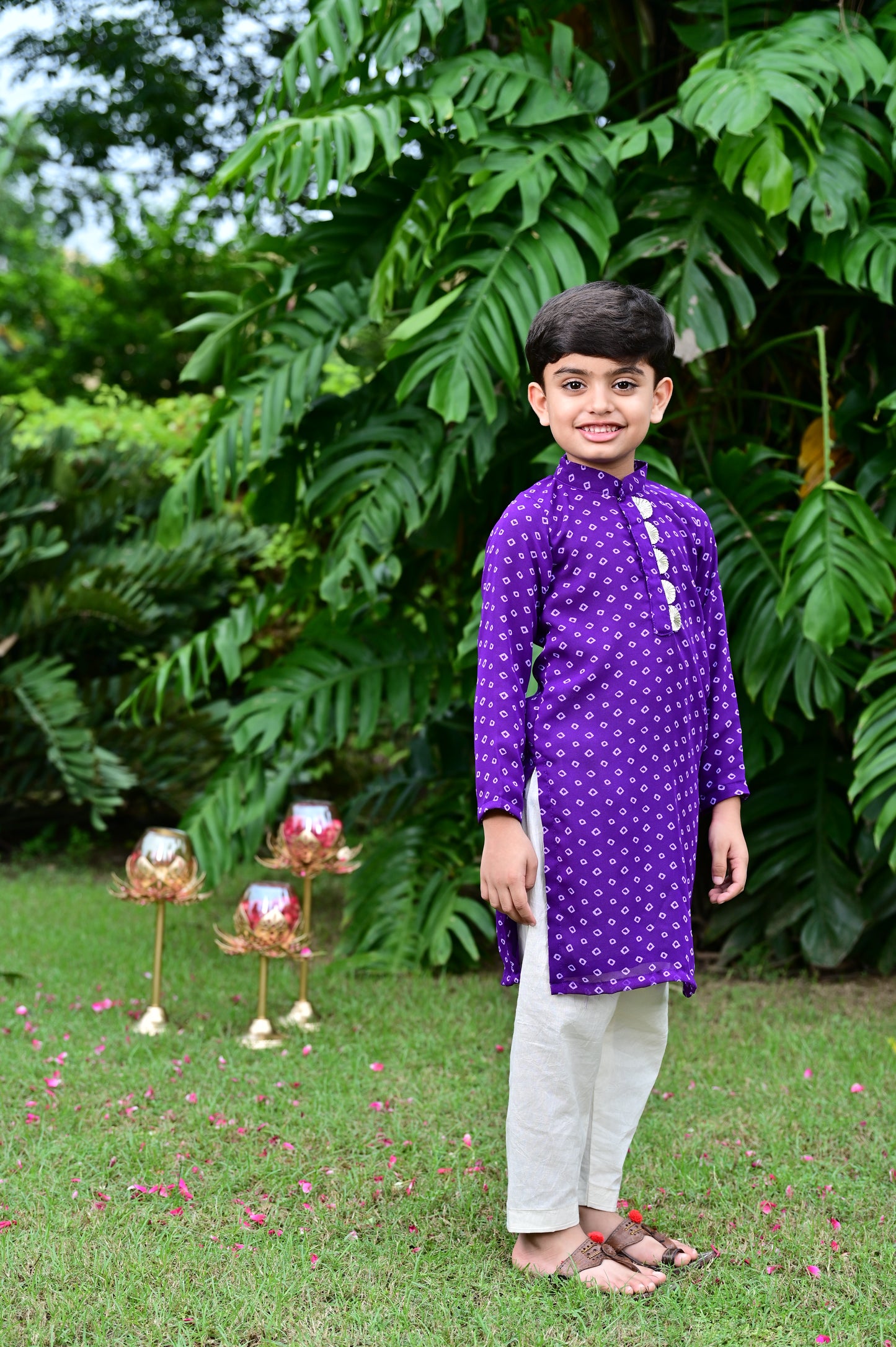 Boys purple color bandhani print embellished kurta along with cotton pajama
