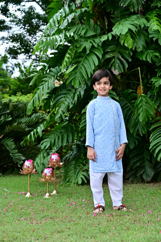 Boys sky blue floral print georgette embellished kurta with a cotton pajama
