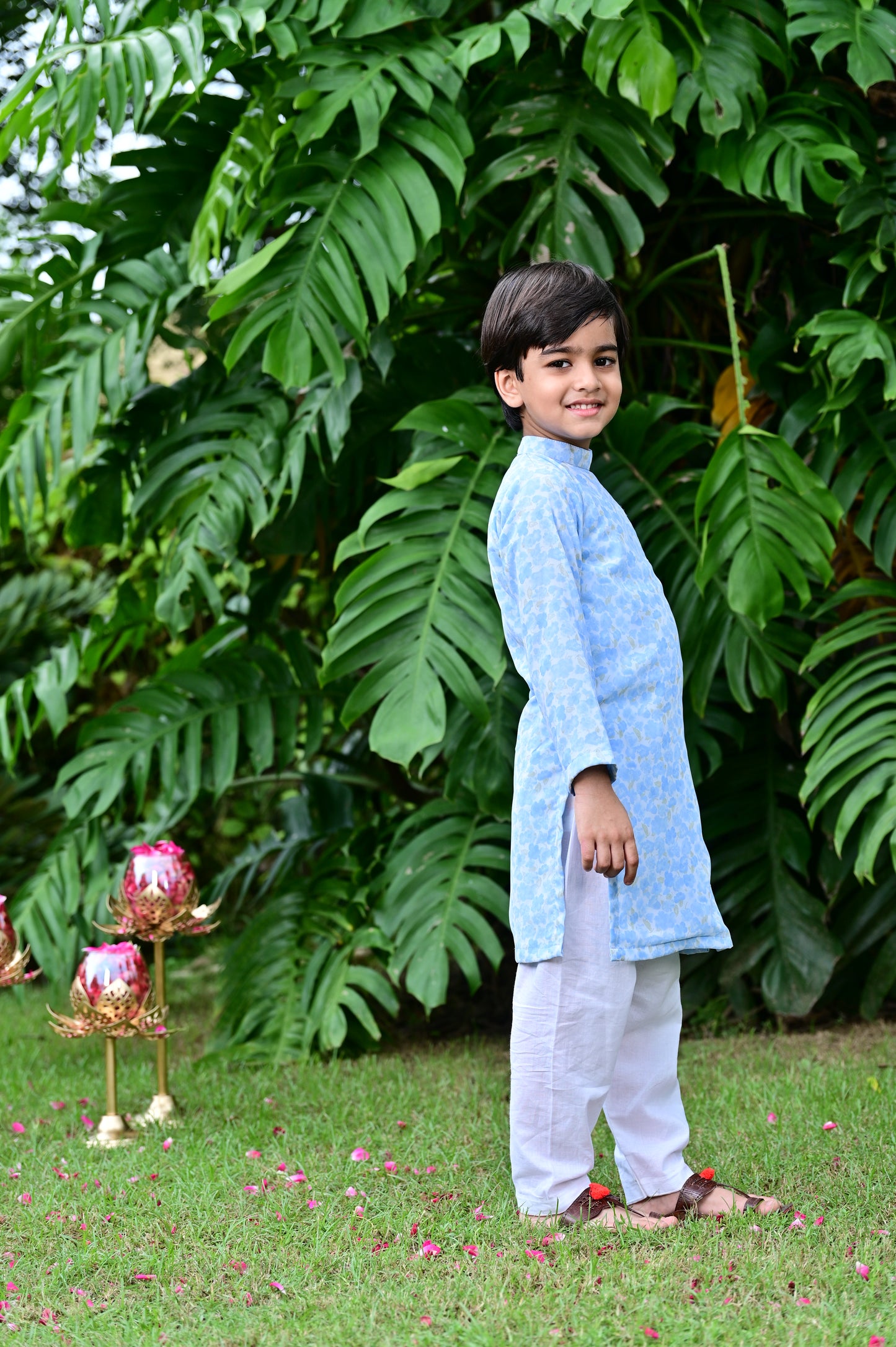 Boys sky blue floral print georgette embellished kurta with a cotton pajama