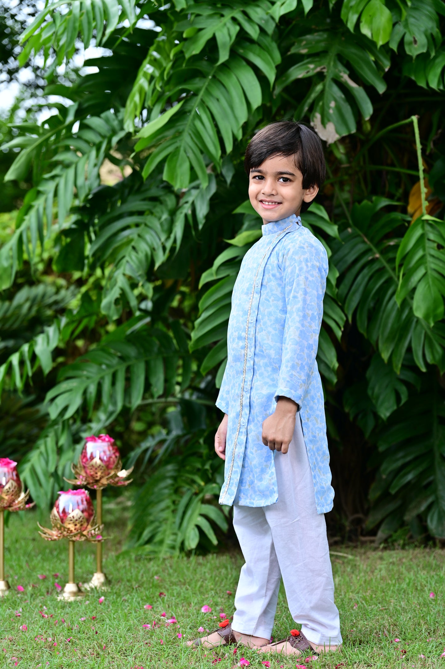 Boys sky blue floral print georgette embellished kurta with a cotton pajama