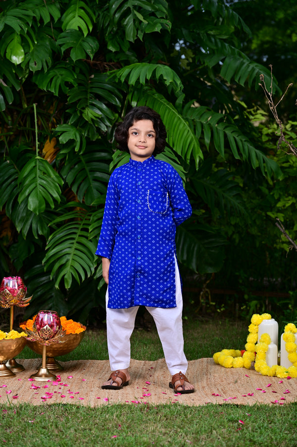 Boys blue color bandhani print embellished kurta along with cotton pajama