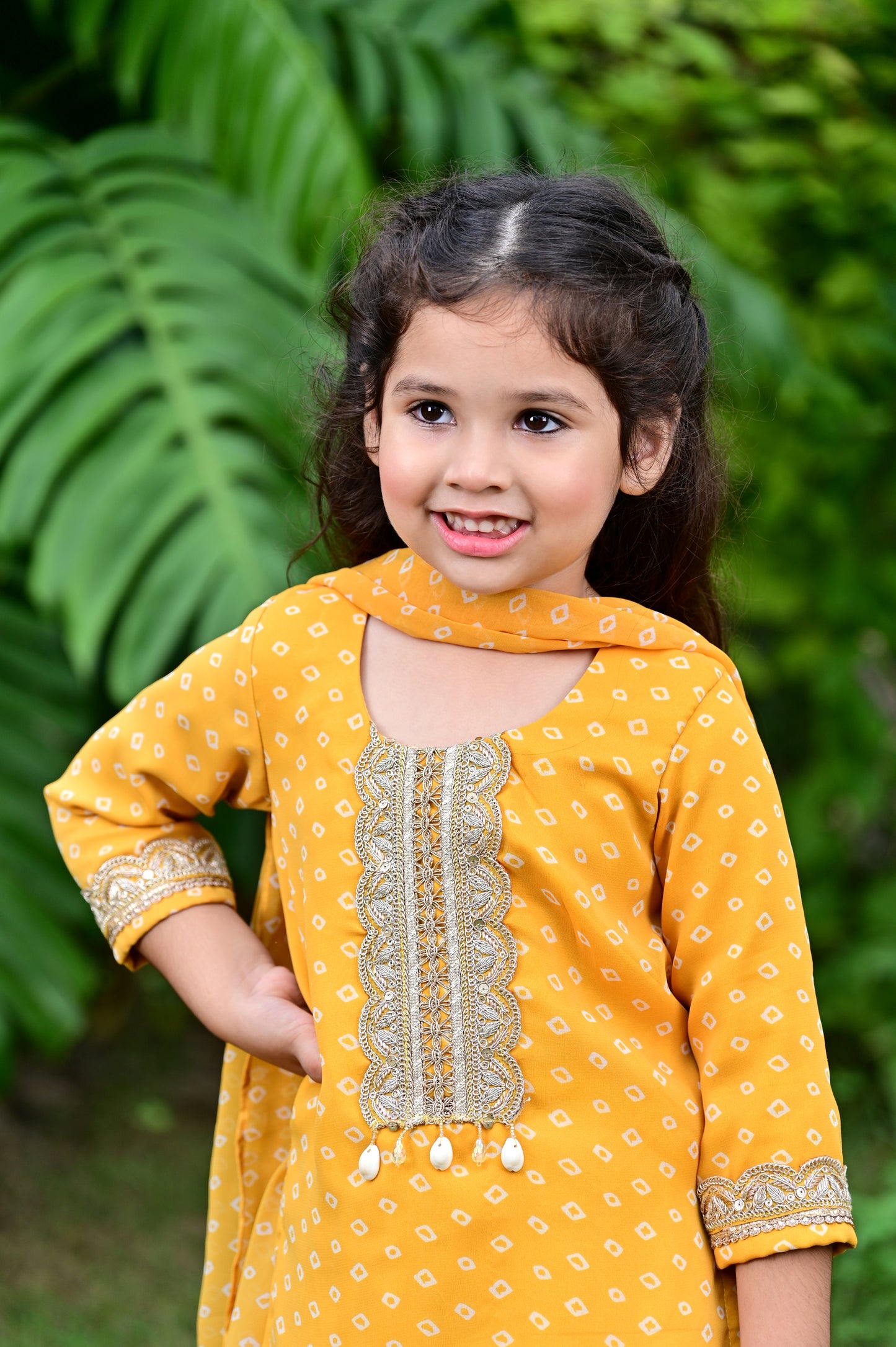 Yellow Bandhani Print Georgette Kurta Sharara Set For Girls
