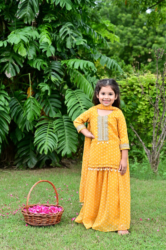 Yellow Bandhani Print Georgette Kurta Sharara Set For Girls