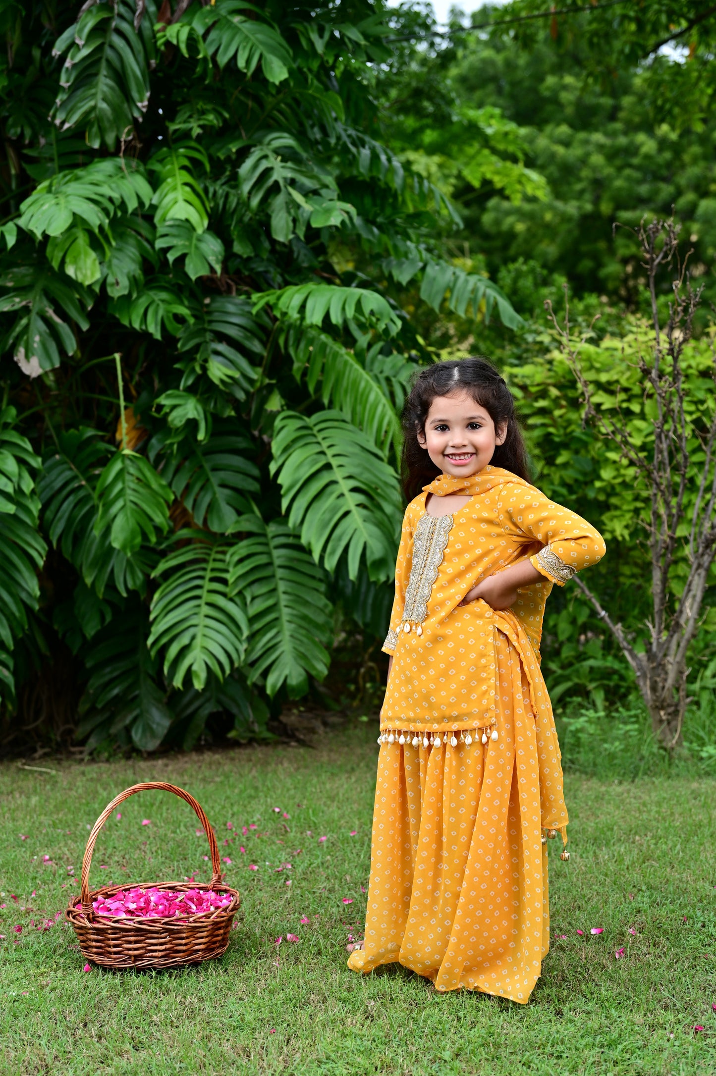 Yellow Bandhani Print Georgette Kurta Sharara Set For Girls