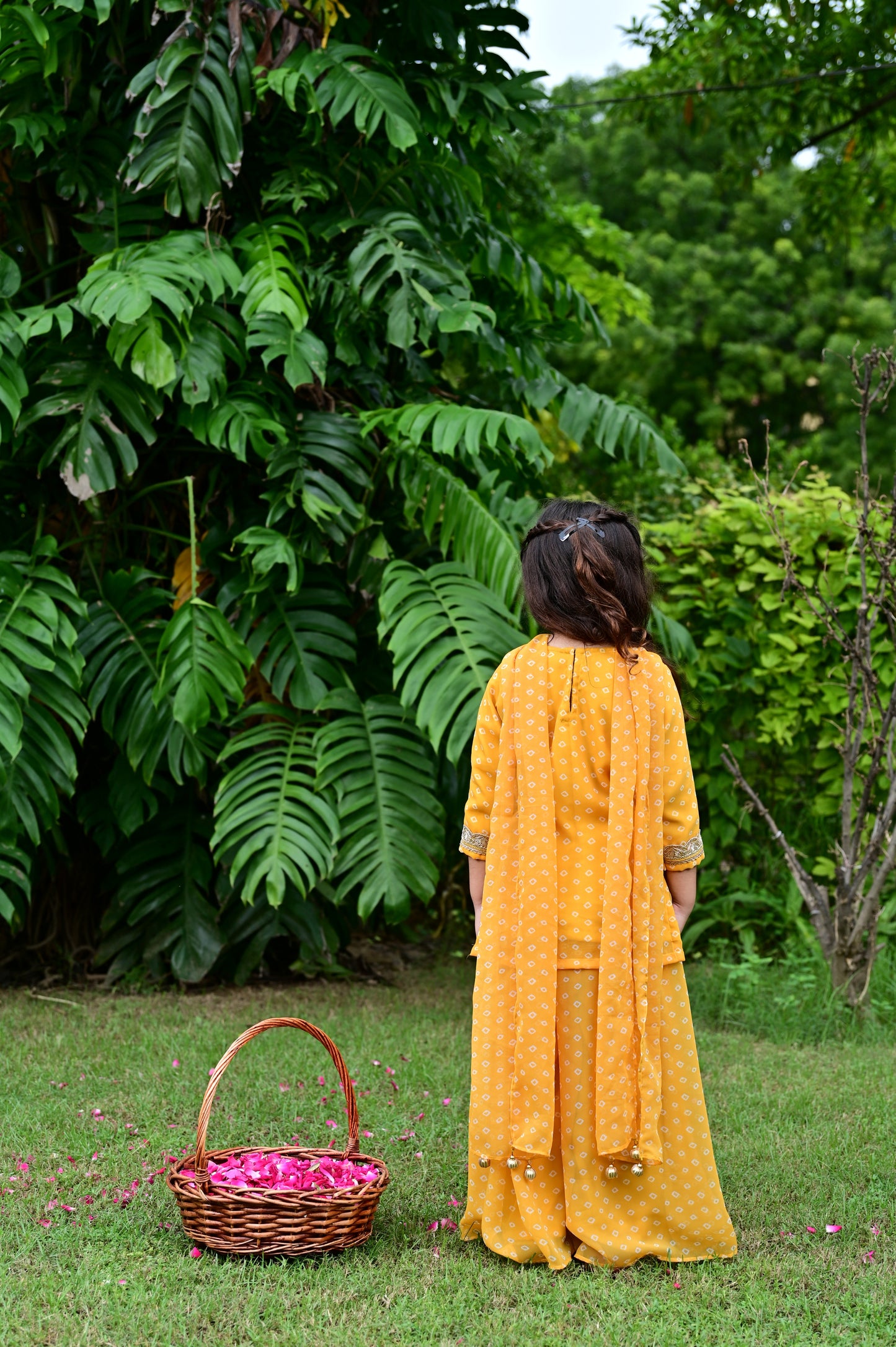 Yellow Bandhani Print Georgette Kurta Sharara Set For Girls