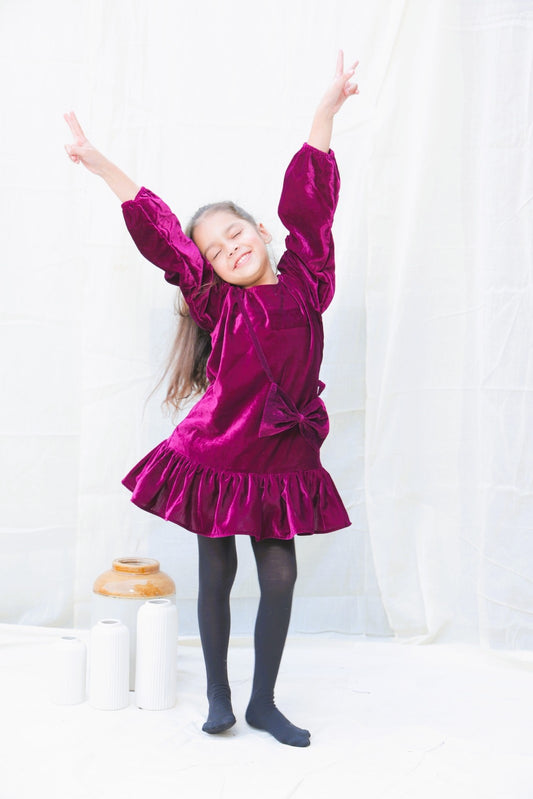 Burgundy Fit And Flare Velvet Puff Sleeves For Girls