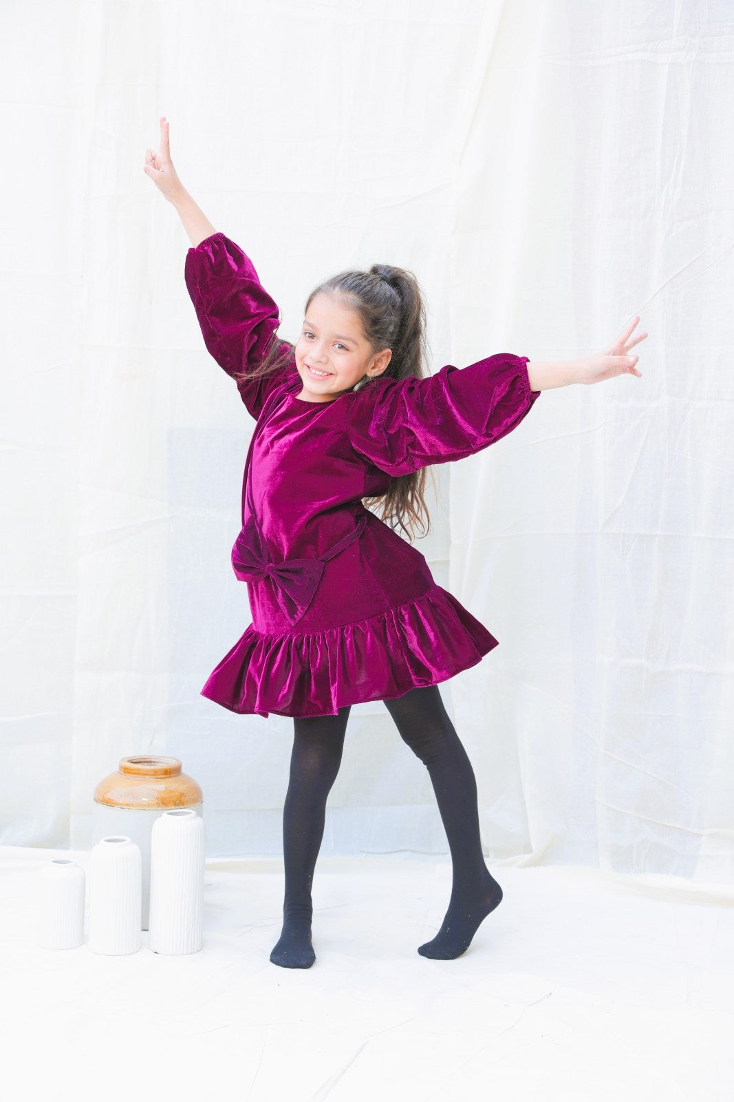 Burgundy Fit And Flare Velvet Puff Sleeves For Girls