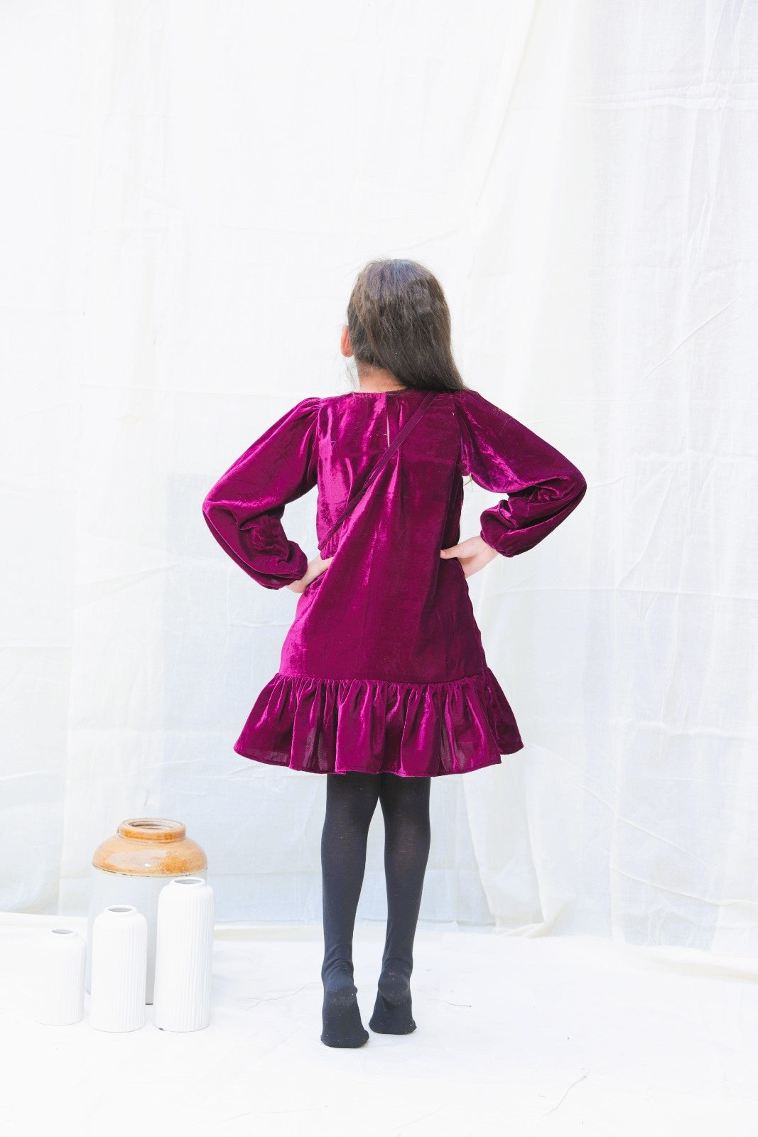 Burgundy Fit And Flare Velvet Puff Sleeves For Girls