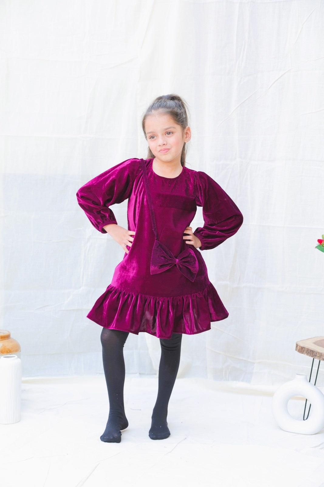Burgundy Fit And Flare Velvet Puff Sleeves For Girls
