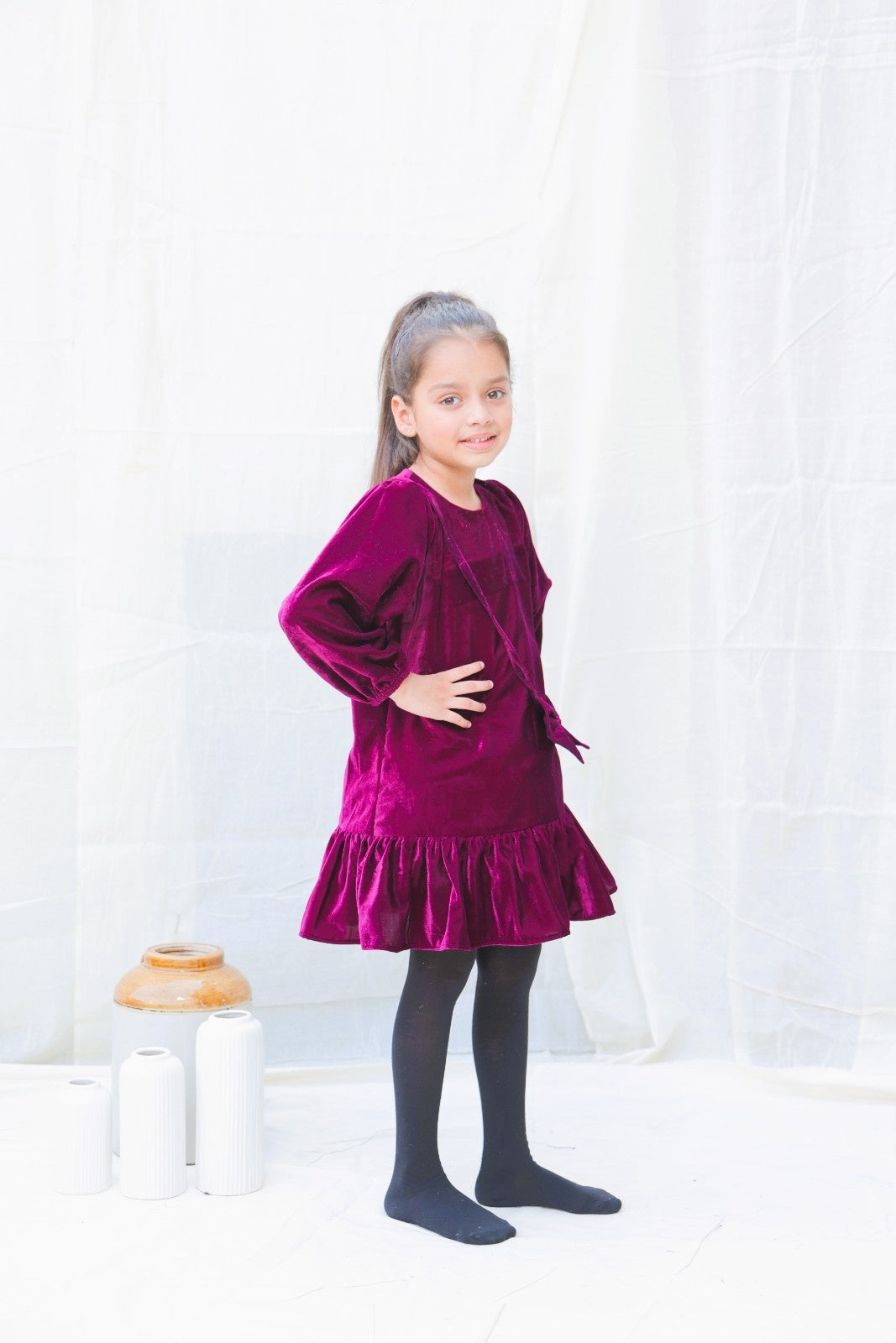 Burgundy Fit And Flare Velvet Puff Sleeves For Girls