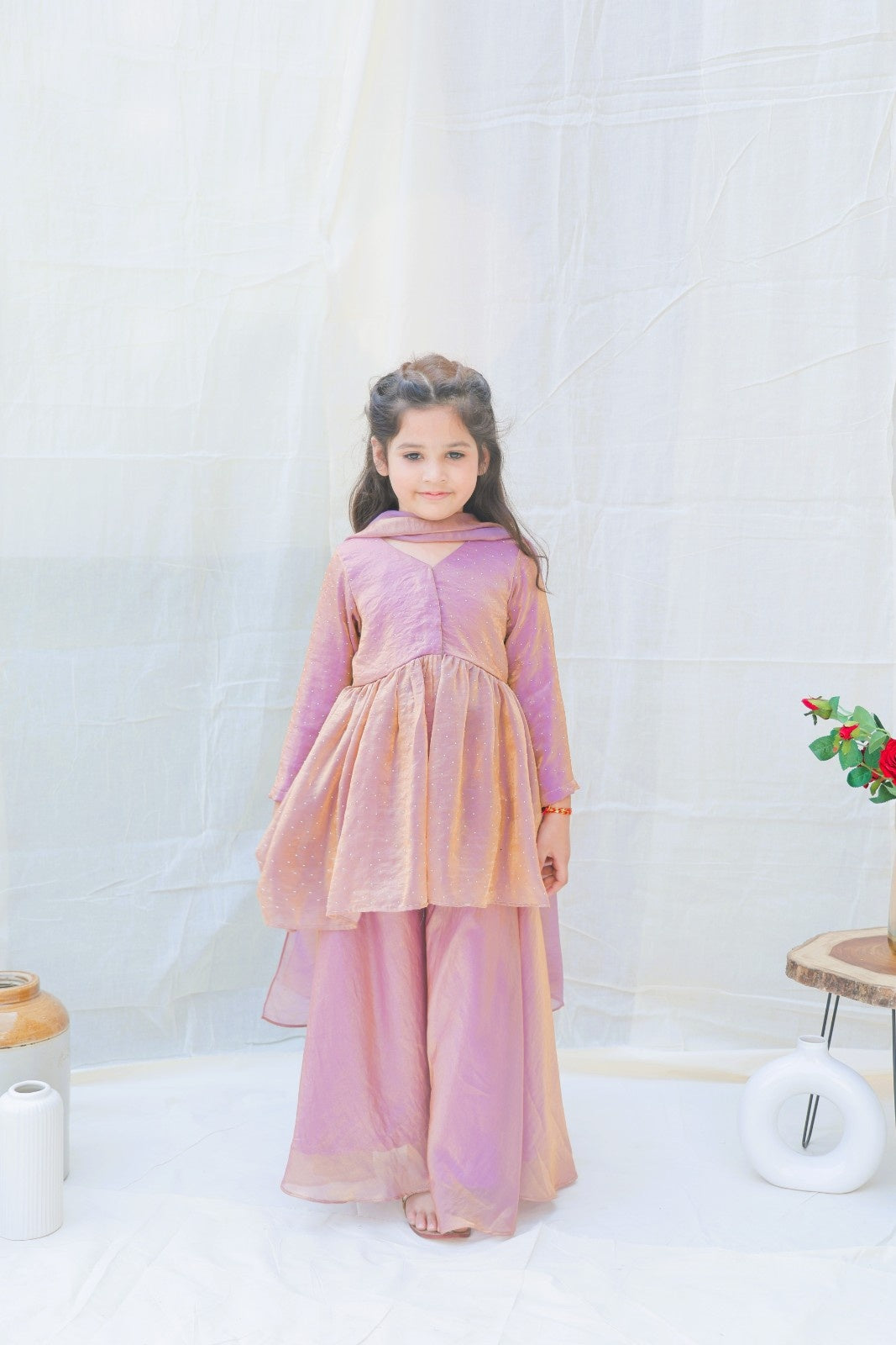 Lavender V Neck Swarovski Work Kurta With Sharara And Dupatta for girls