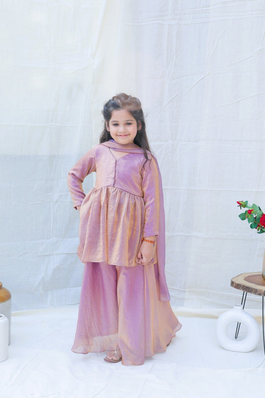 Lavender V Neck Swarovski Work Kurta With Sharara And Dupatta for girls