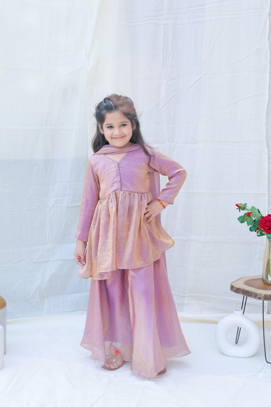 Lavender V Neck Swarovski Work Kurta With Sharara And Dupatta for girls
