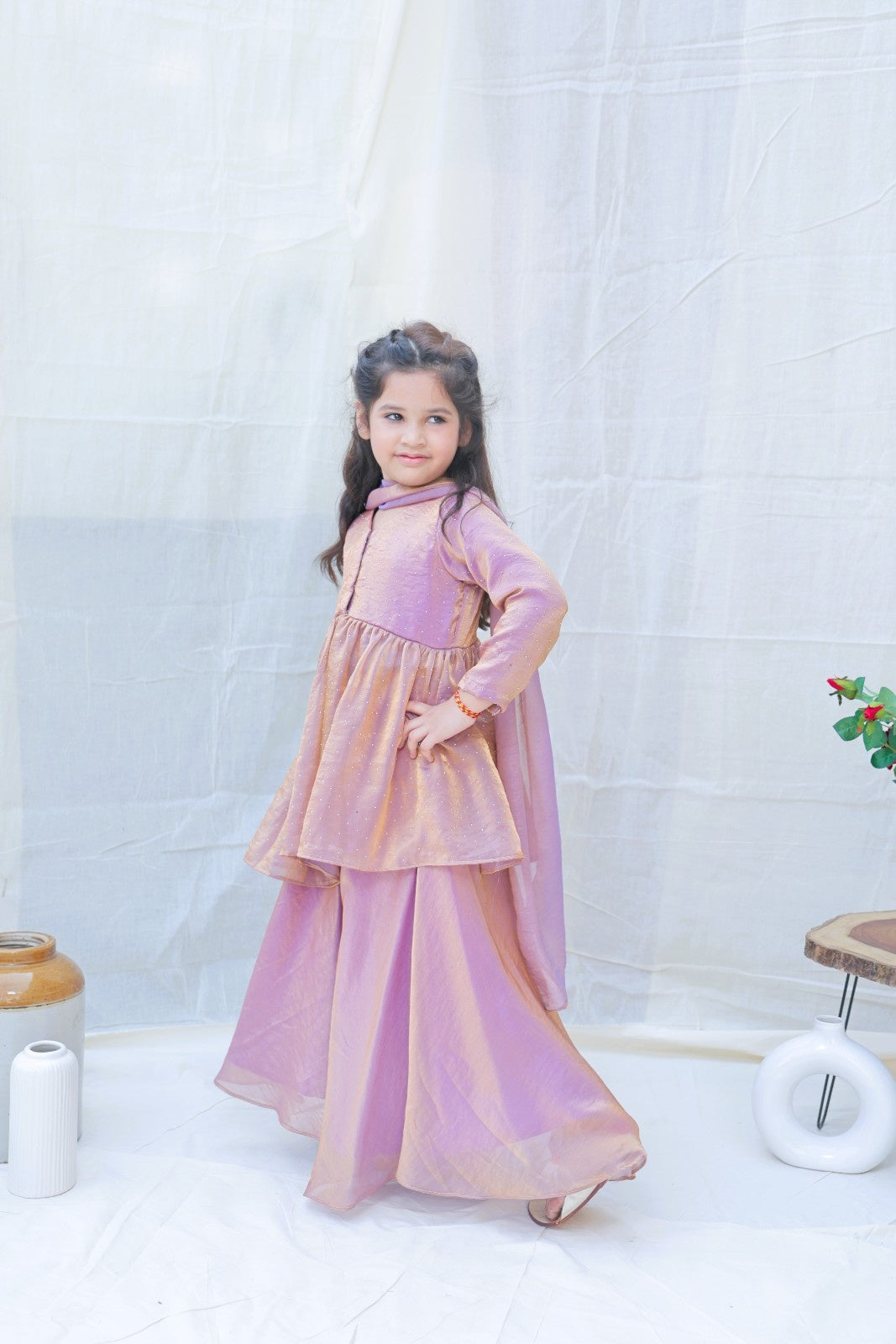 Lavender V Neck Swarovski Work Kurta With Sharara And Dupatta for girls