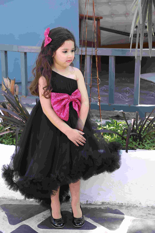 Girls One Shoulder Fit and Flare High-Low Black Net Dress with Sequined Bow and Hair Clip