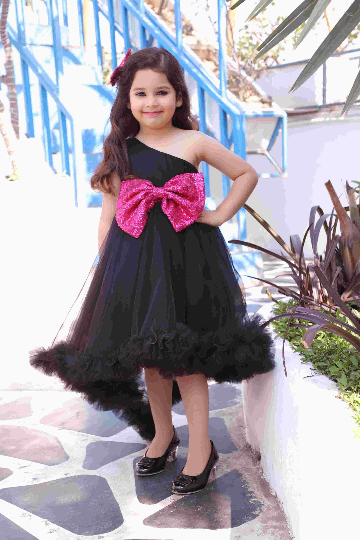 Girls One Shoulder Fit and Flare High-Low Black Net Dress with Sequined Bow and Hair Clip