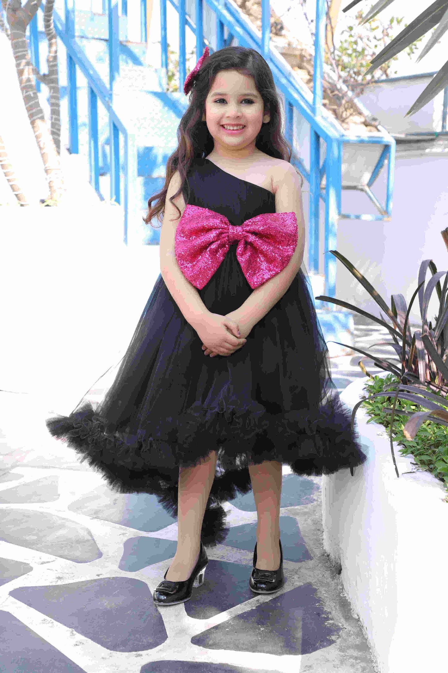 Girls One Shoulder Fit and Flare High-Low Black Net Dress with Sequined Bow and Hair Clip