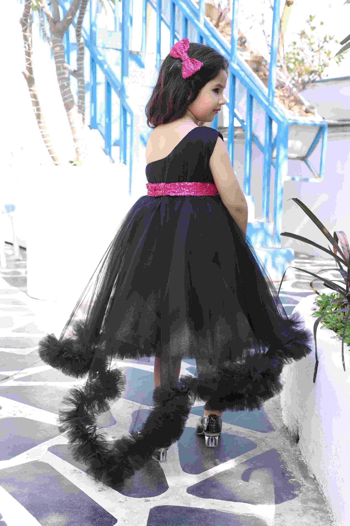 Girls One Shoulder Fit and Flare High-Low Black Net Dress with Sequined Bow and Hair Clip