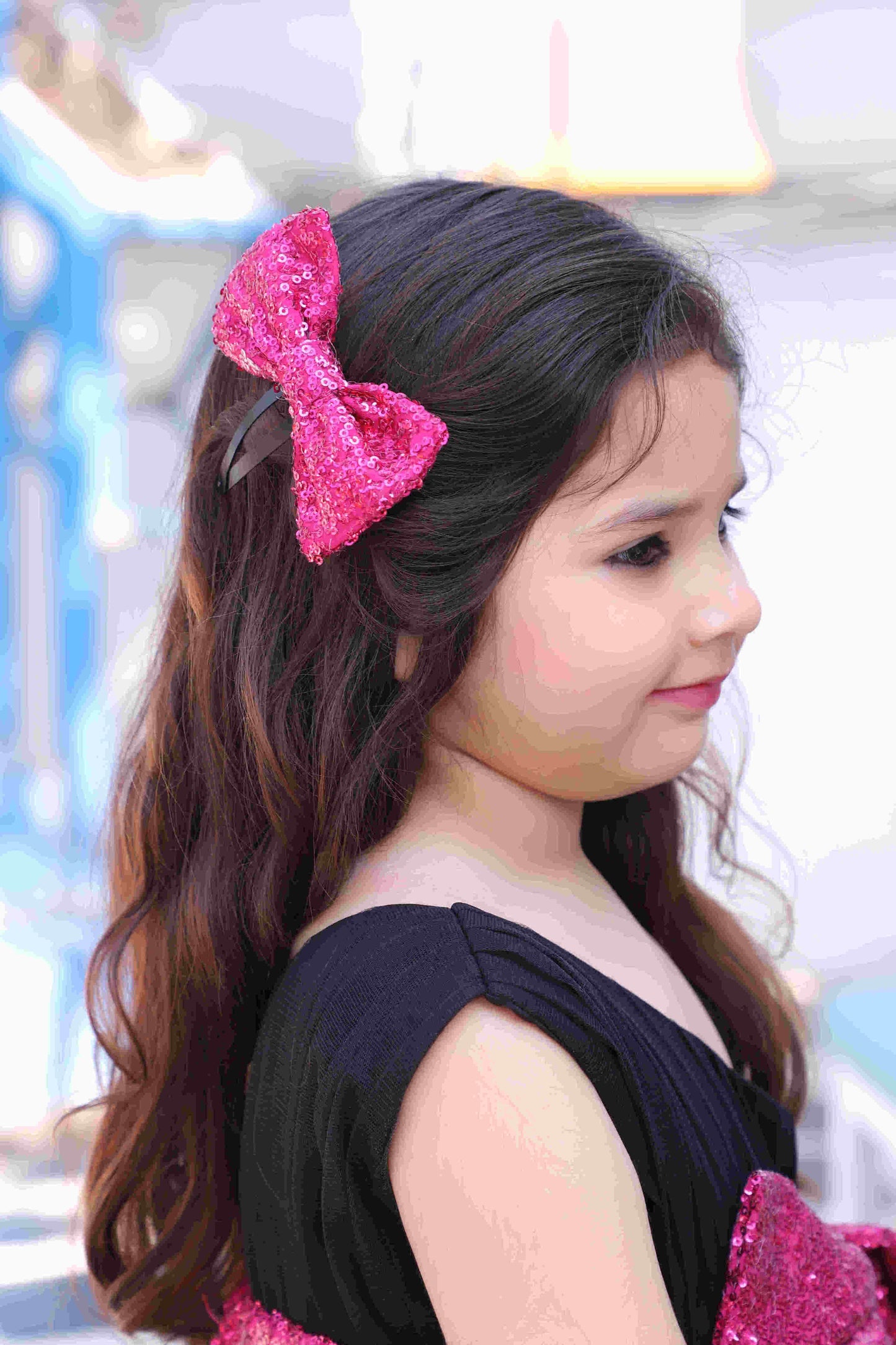 Girls One Shoulder Fit and Flare High-Low Black Net Dress with Sequined Bow and Hair Clip