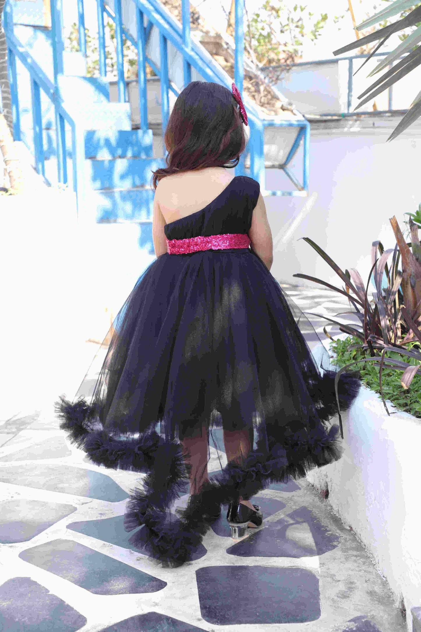 Girls One Shoulder Fit and Flare High-Low Black Net Dress with Sequined Bow and Hair Clip