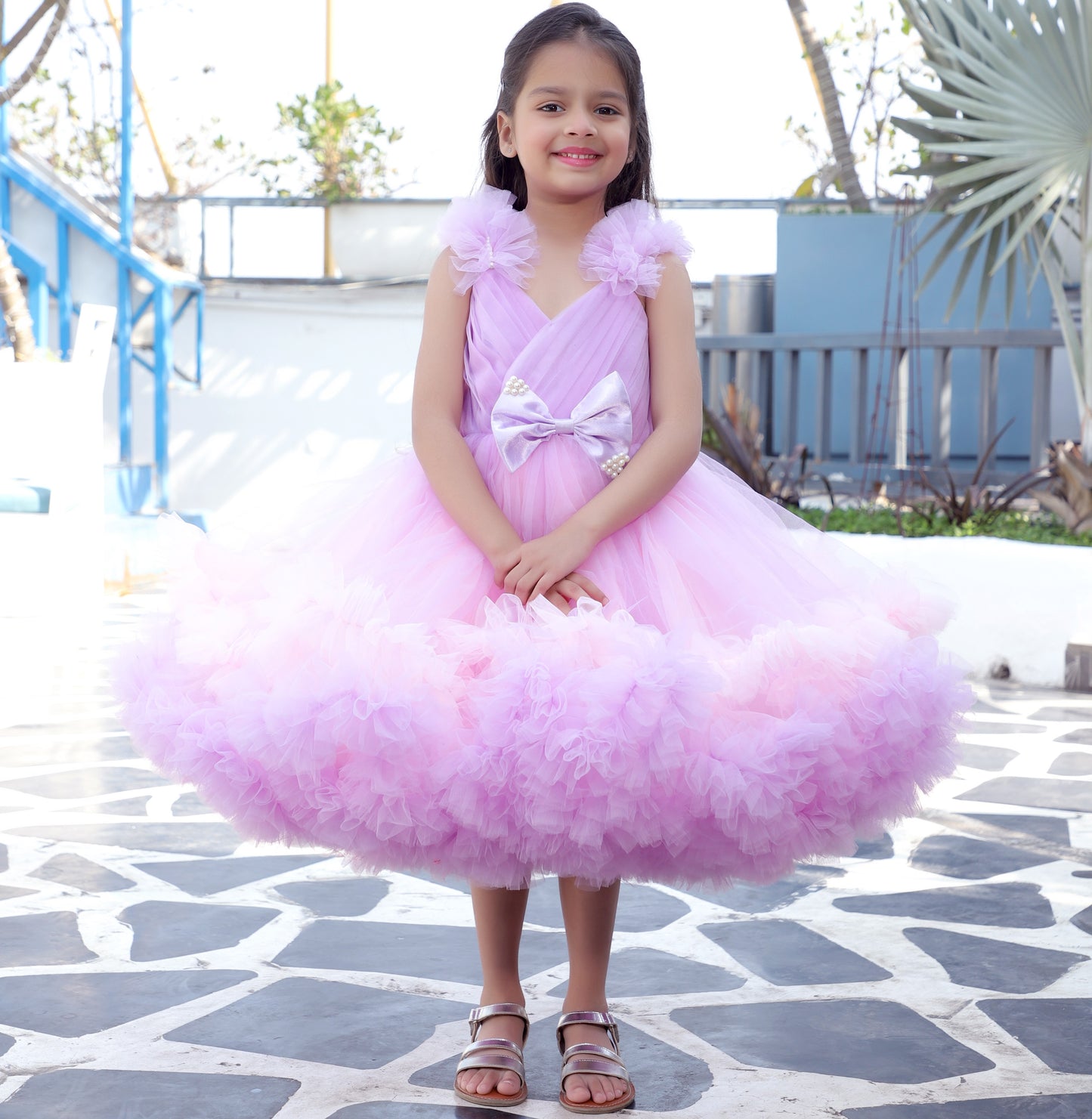 Girls Shoulder Strap Embellished Fit and Flare Dress with an Attached Bow