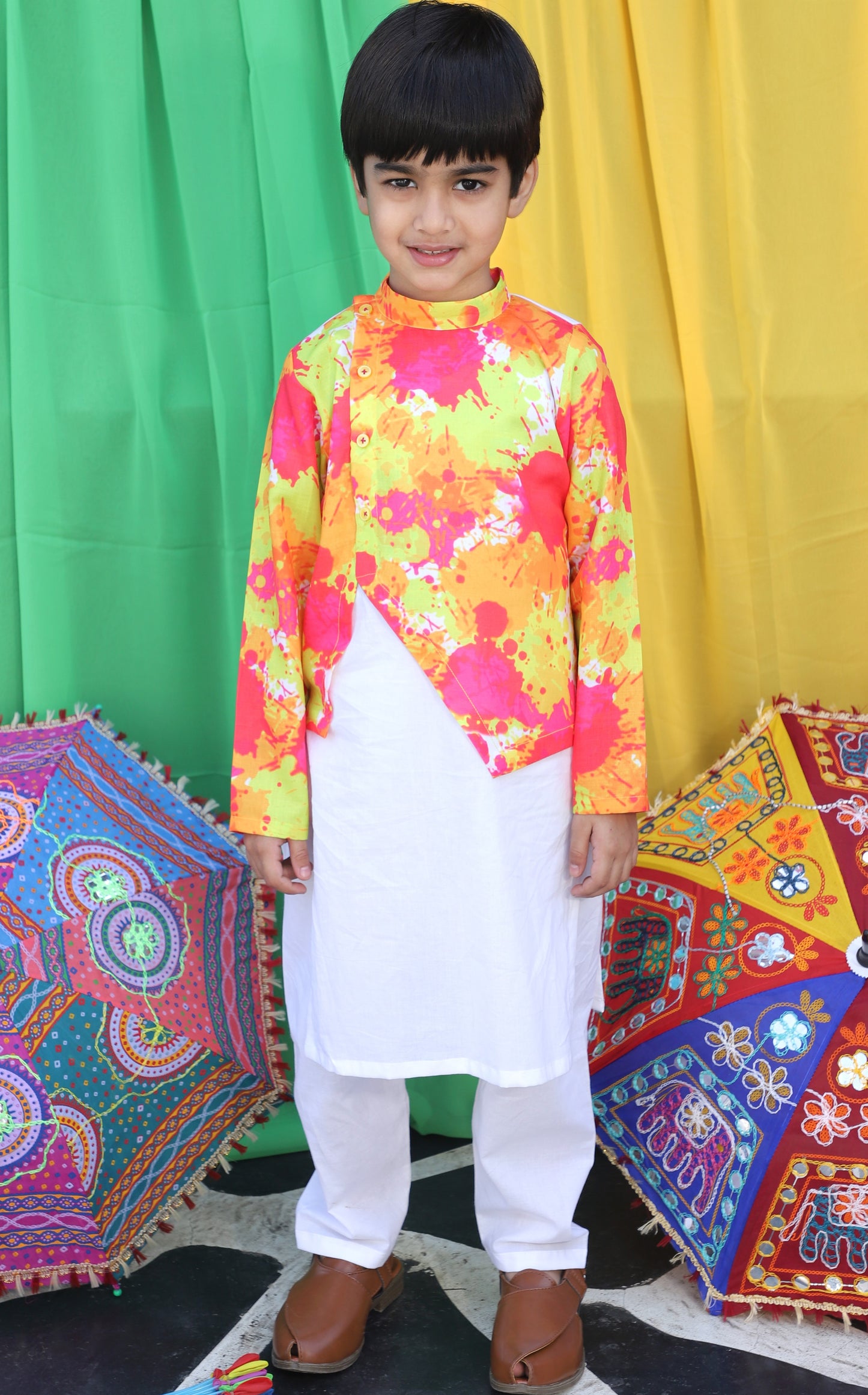 Boys Pure Cotton Multi-Colored Splash Print Holi Kurta Set