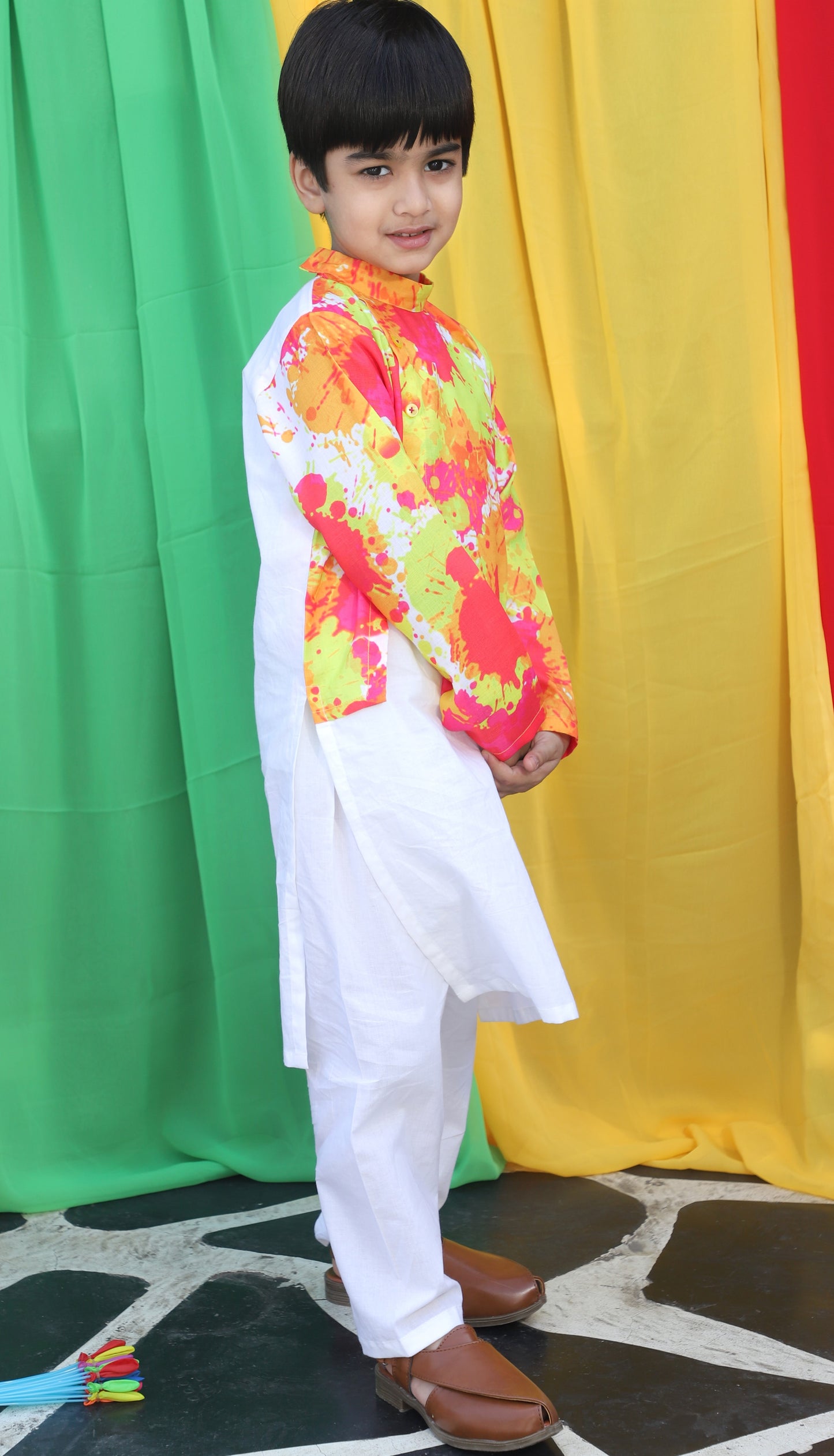 Boys Pure Cotton Multi-Colored Splash Print Holi Kurta Set