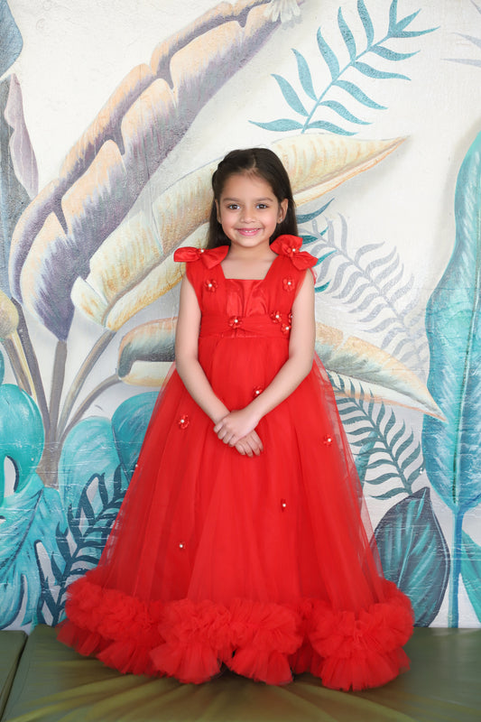 Girls Shoulder Strap Embellished Fit and Flare Red Floral Gown